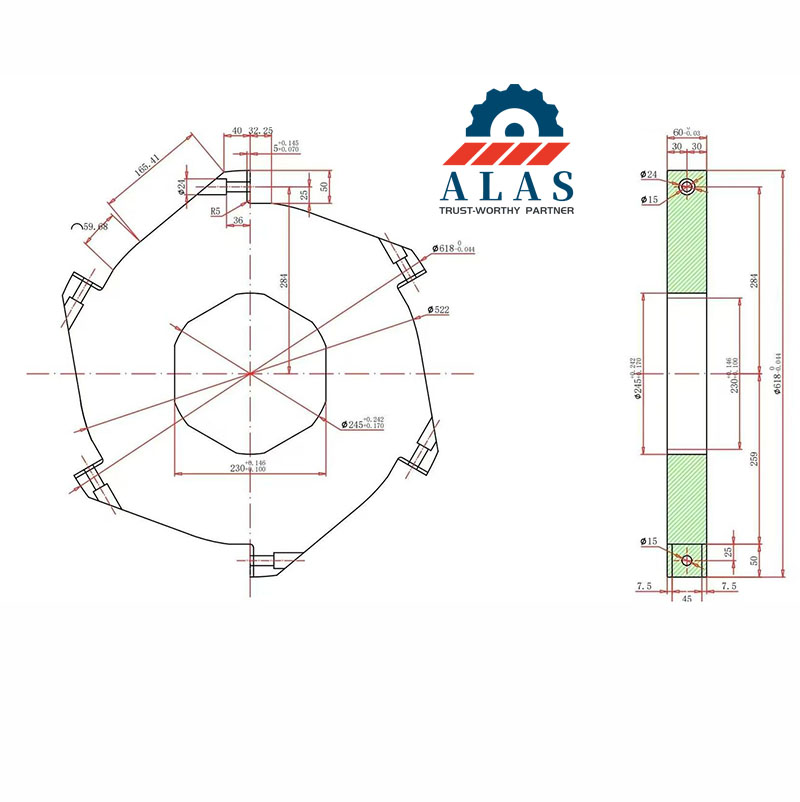 Технический чертеж CAD-чертежа изготовленного на заказ двухвального измельчителя ALAS OEM с размерными деталями